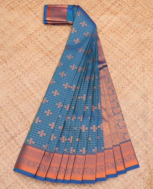 Blue Budget Silk Saree, Decked Up with Zari Buttas and Checks All Over Its Body, Highlighted by a Traditional Zari Design Border, Ogee-Patterned Pallu, and Paired with a Matching Blouse