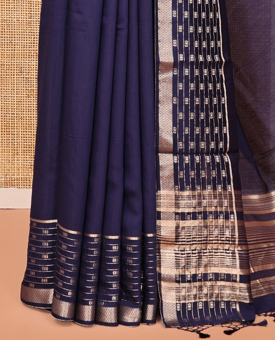 Blue Plain Assam Silk Saree, Highlighted by a Traditional Border, Zari Striped Pallu, and a Matching Blouse