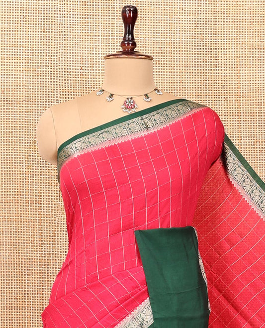 Red Assam Silk Saree, Adorned with Checks, Contrast Traditional Zari Border, Zari-Striped Pallu, and a Contrast Blouse