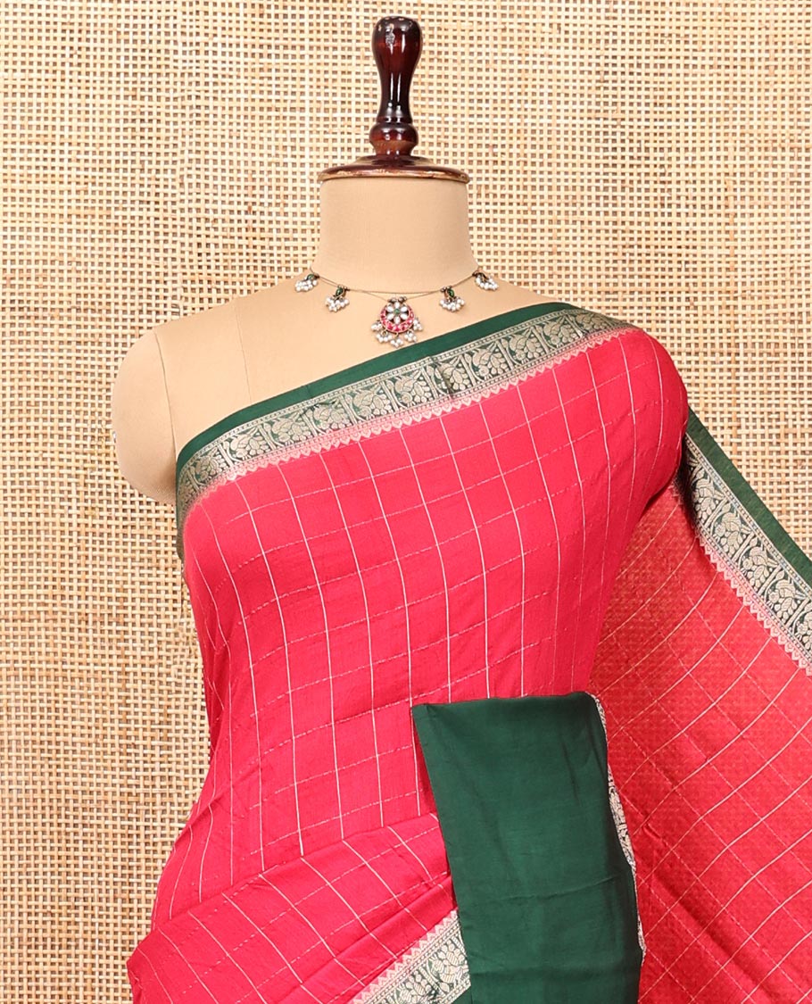 Red Assam Silk Saree, Adorned with Checks, Contrast Traditional Zari Border, Zari-Striped Pallu, and a Contrast Blouse