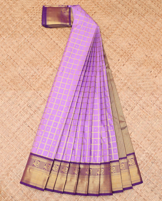 Lavender Budget Silk Saree, Beautified with Zari Butta Enclosed Checks, a Contrast Traditional Zari Border, Grand Pallu, and a Contrast Blouse