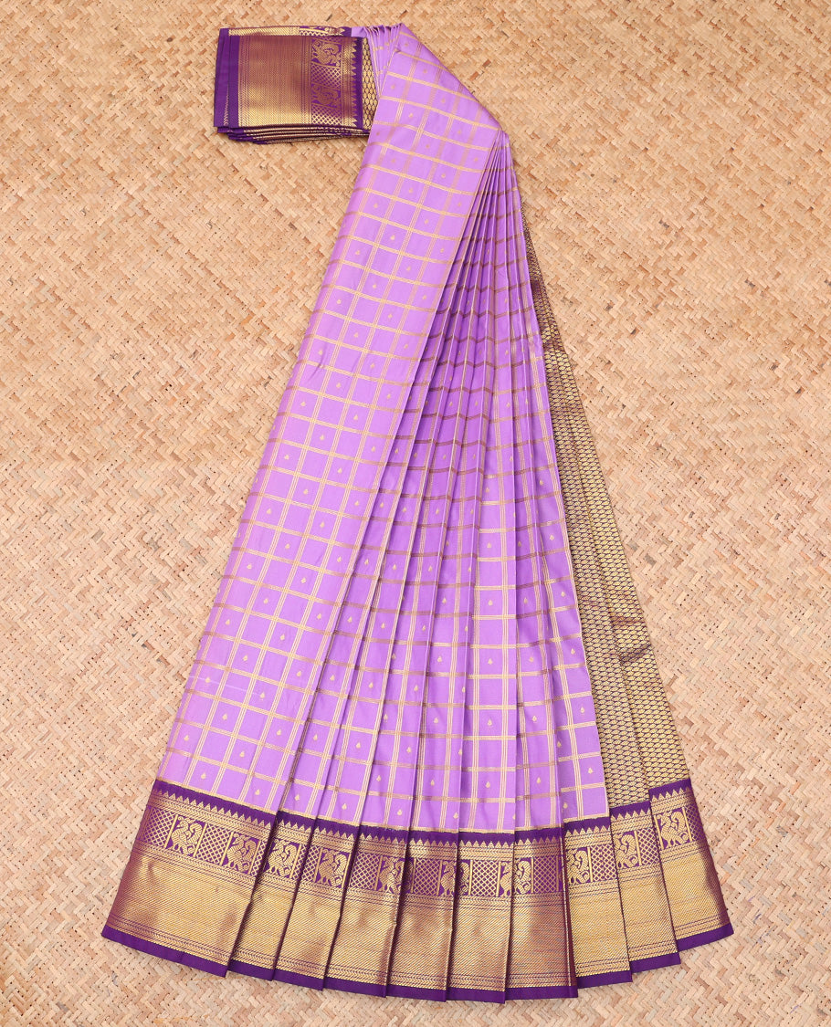 Lavender Budget Silk Saree, Beautified with Zari Butta Enclosed Checks, a Contrast Traditional Zari Border, Grand Pallu, and a Contrast Blouse