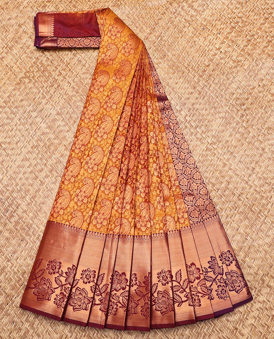 Orange Budget Silk Saree, Bedecked with Paisley Jacquard, Complemented by Contrast Traditional Zari Border, Intricate Pallu, and a Contrast Blouse