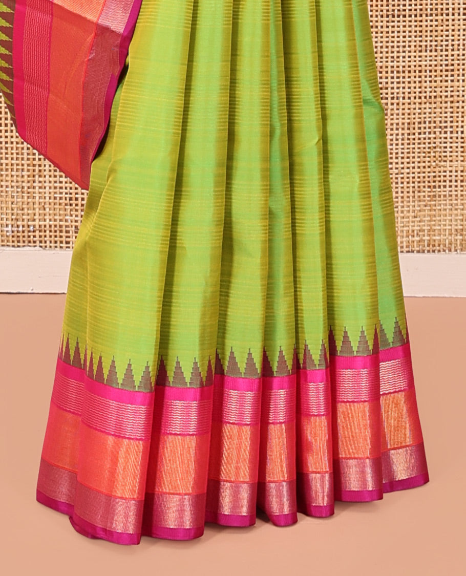 Parrot Green-Striped Bangalore Silk Saree, Complemented by a Contrast Temple Ganga-Jamuna Border, Pallu of Temple and Neli Designs, and a Contrast Blouse