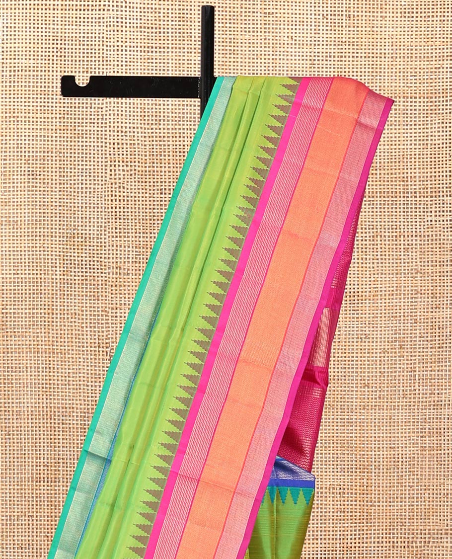 Parrot Green-Striped Bangalore Silk Saree, Complemented by a Contrast Temple Ganga-Jamuna Border, Pallu of Temple and Neli Designs, and a Contrast Blouse