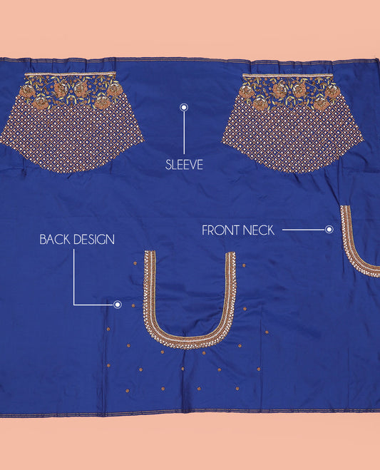 Blue Aari Material Blouse Delicately Woven with Jaal-Floral Design in Bead and Zarkan Stone Mixed Embroidery