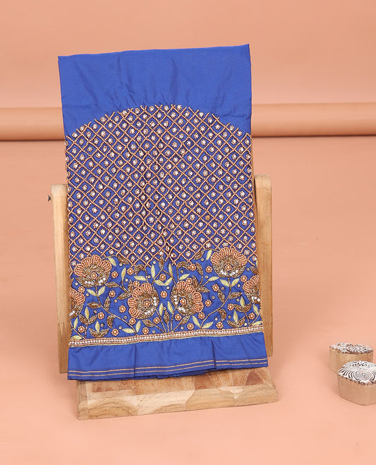 Blue Aari Material Blouse Delicately Woven with Jaal-Floral Design in Bead and Zarkan Stone Mixed Embroidery