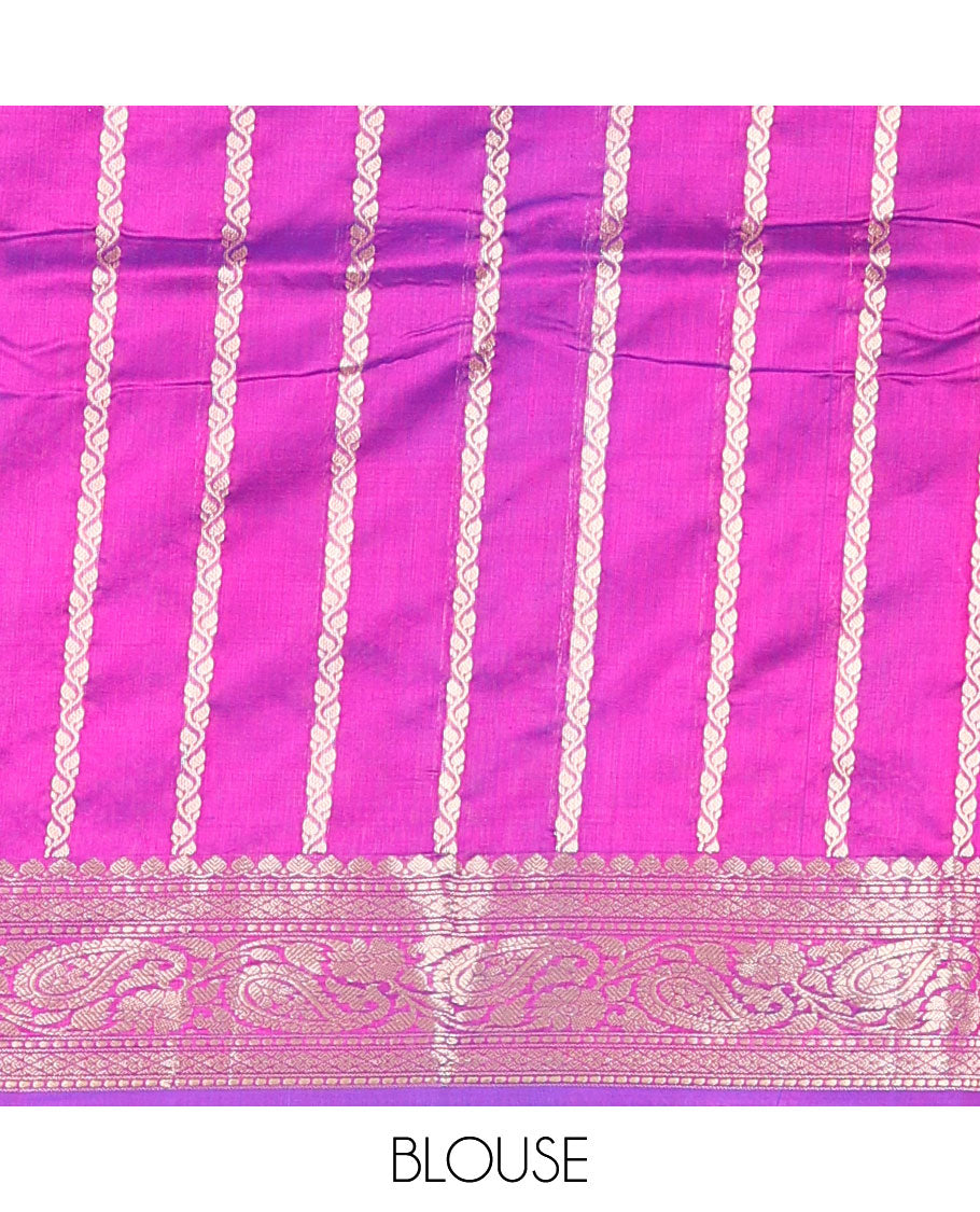 Purple zari buttas kathan silk saree, traditional border of paisley creeper designs, and jaal pallu