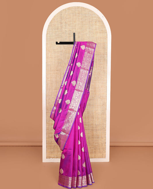 Purple zari buttas kathan silk saree, traditional border of paisley creeper designs, and jaal pallu
