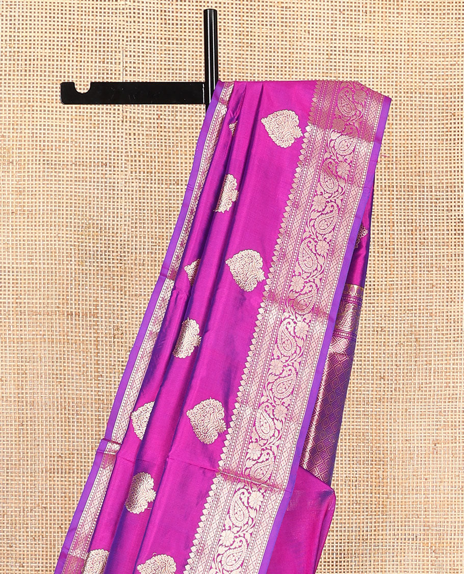 Purple zari buttas kathan silk saree, traditional border of paisley creeper designs, and jaal pallu