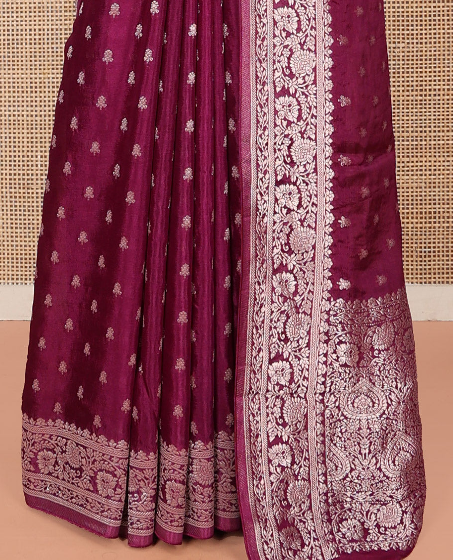 Purple Fancy Crepe Saree, Beautified with Floral Buttas, Highlighted by a Floral Creeper Border, Intricately Designed Pallu, and a Matching Blouse