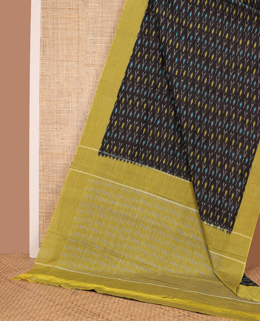 Black unique buttas ikkat cotton saree, contrast plain border, and pallu of buttas
