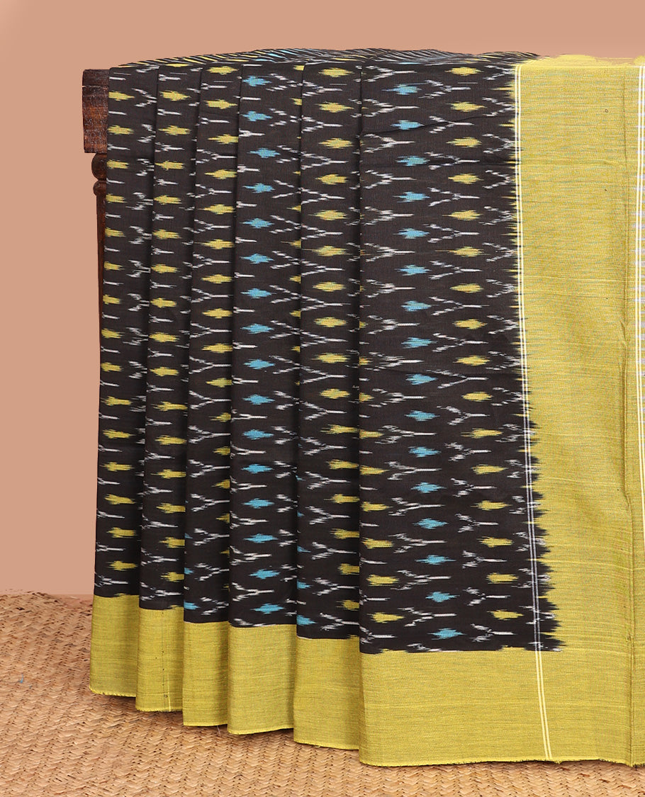 Black unique buttas ikkat cotton saree, contrast plain border, and pallu of buttas