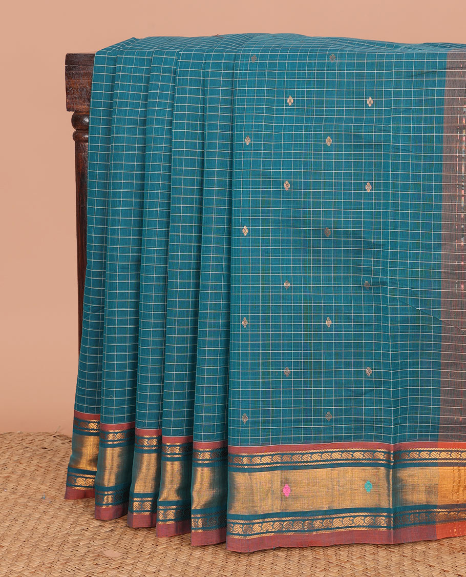 Ramar blue checked and buttas Venkatagiri cotton saree, contrast zari and thread work border, and striped pallu