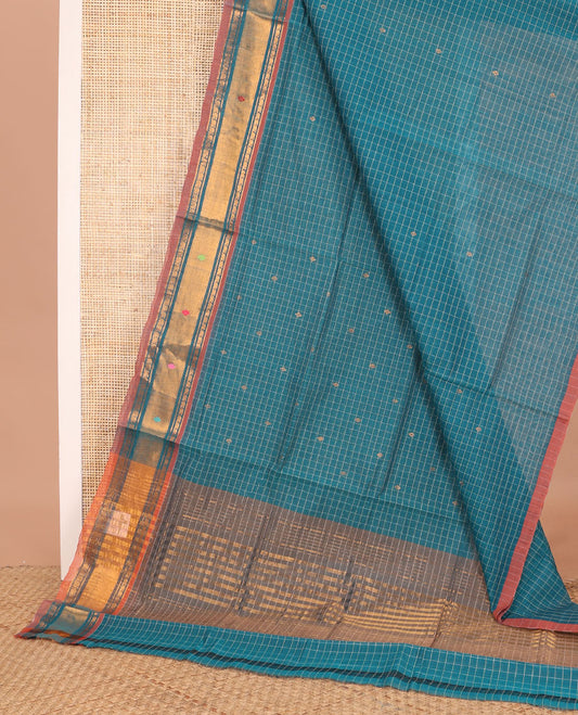 Ramar blue checked and buttas Venkatagiri cotton saree, contrast zari and thread work border, and striped pallu