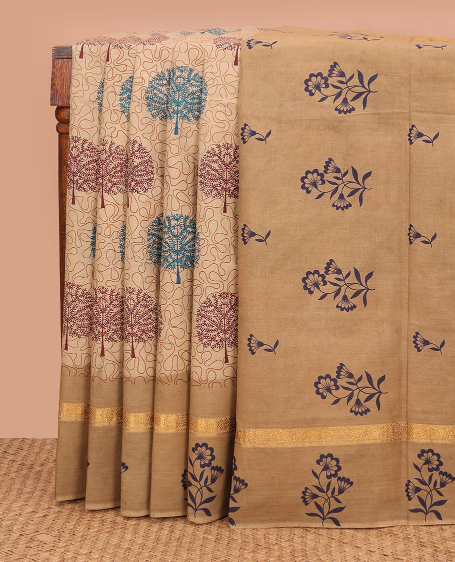 Sandal Sungudi Cotton Saree Bedecked with Tree Motifs and Vine Print, Highlighted by Contrast Zari and Print Work Border of Floral Print, and Pallu with Floral Print