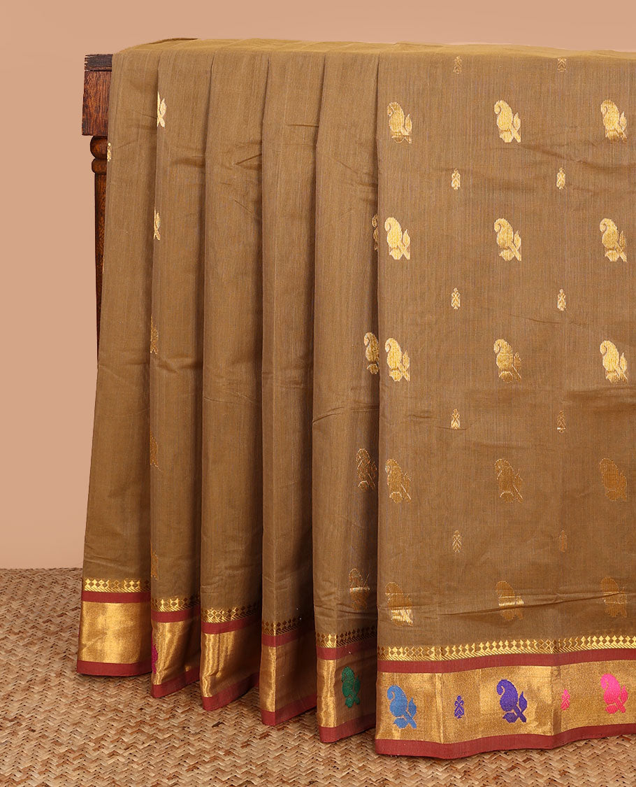 Brown zari buttas Venkatagiri cotton saree with contrast thread paisley border, and pallu of zari stripes