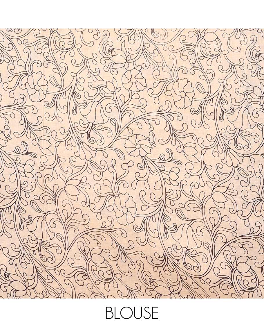 Multi-color butta enclosed checked machine-printed Kalamkari cotton saree, contrast floral printed border, and pallu of floral and geometric print