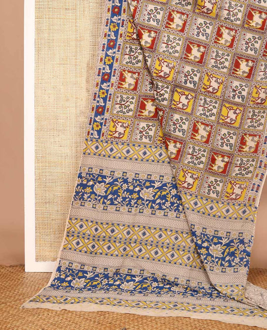 Multi-color butta enclosed checked machine-printed Kalamkari cotton saree, contrast floral printed border, and pallu of floral and geometric print