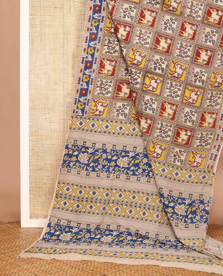 Multi-color butta enclosed checked machine-printed Kalamkari cotton saree, contrast floral printed border, and pallu of floral and geometric print