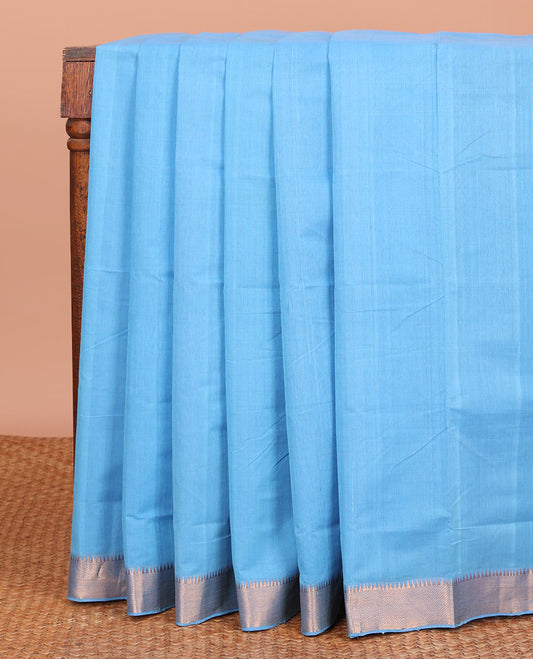 Blue Plain Mangalagiri Cotton Saree, Bedecked with Temple Zari Border, Gleaming Zari Pallu, and Paired with a Matching Blouse