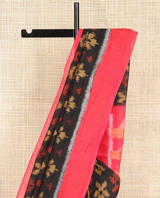 Black floral design ikkat cotton saree with contrast border & geometric design pallu