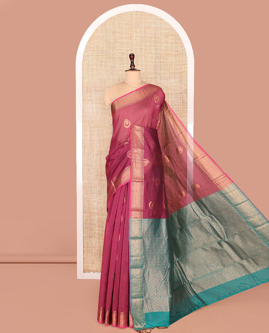 Red Semi-Silk Cotton Saree, Detailed with Drop-Shaped Zari Buttas on Its Body, Complemented by Contrast Traditional Zari Border, Grand Pallu of Jaal Designs, and Paired with a Contrast Blouse