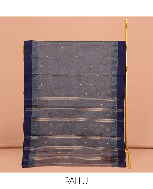 Grey Bengal Cotton Saree, Woven with Buttas on Its Body, Complemented by a Contrast Floral Design Border, Pallu of Stripes and Buttas, and Paired with a Matching Blouse