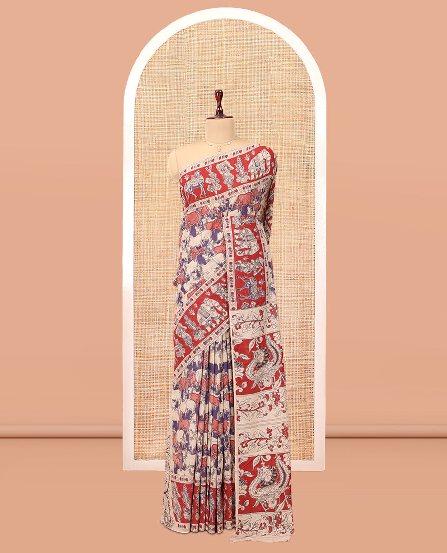 Red Kalamkari Cotton Saree, Ornamented with Pichwai Cow Print, Contrast Printed Border, Kalamkari Human Motifs Pallu, and a Matching Blouse