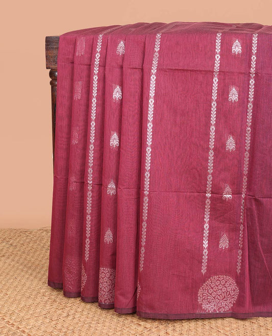Borderless Maroon floral design semi silk cotton saree with leaf design pallu