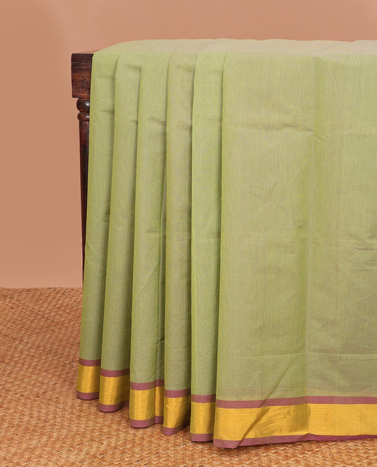 Light green venkatagiri cotton saree with contrast zari border & striped pallu