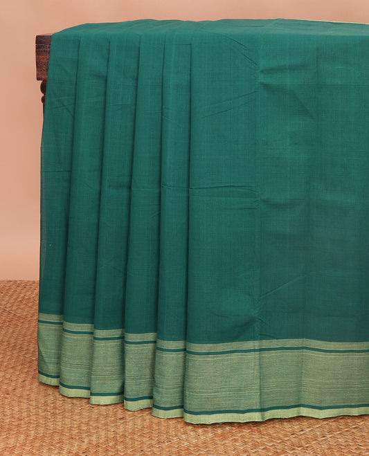 Dark green mangalagiri cotton saree with contrast border & striped pallu