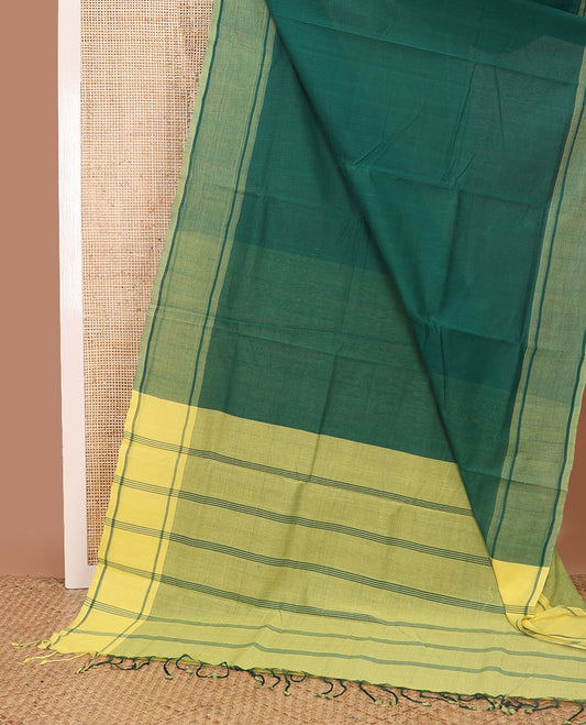Dark green mangalagiri cotton saree with contrast border & striped pallu