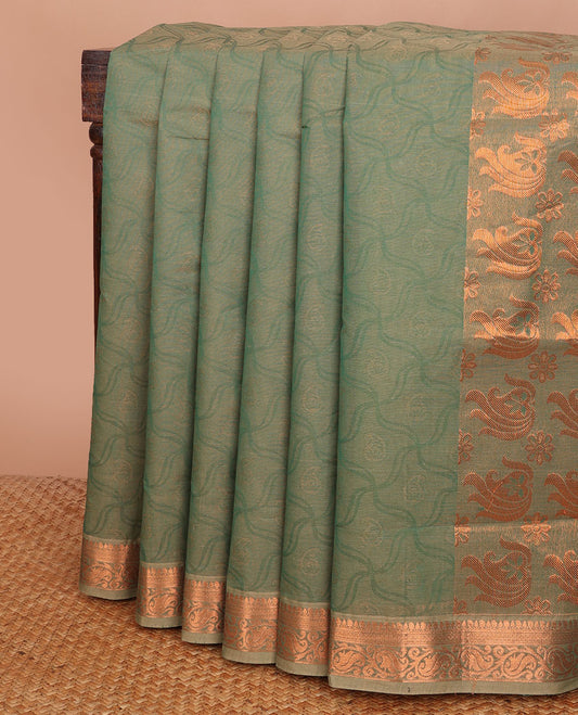 Green geometric-patterned Coimbatore cotton saree, traditional zari border & floral-paisley zari pallu