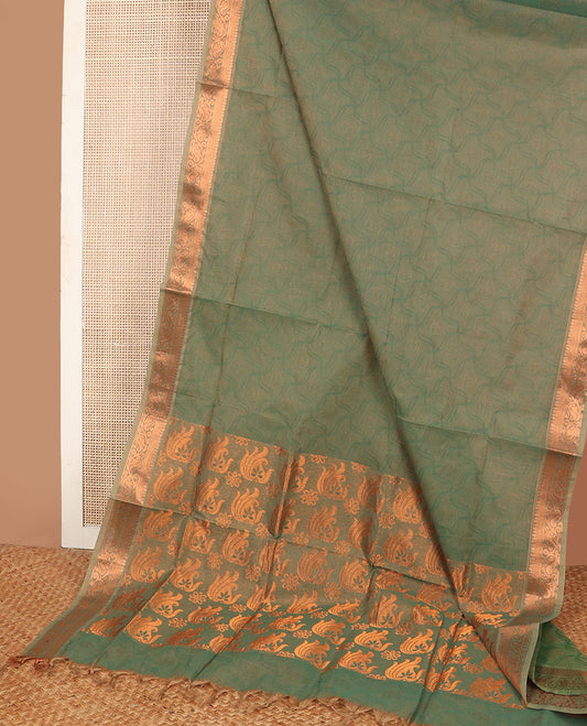 Green geometric-patterned Coimbatore cotton saree, traditional zari border & floral-paisley zari pallu