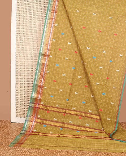 Green checked & meena buttas Andhra cotton saree, contrast traditional zari border & pallu of zari stripes & meena buttas