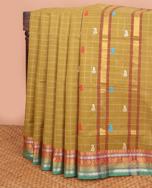 Green checked & meena buttas Andhra cotton saree, contrast traditional zari border & pallu of zari stripes & meena buttas