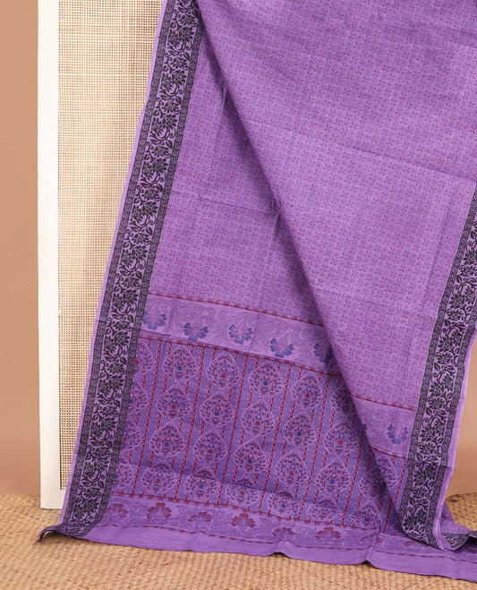 Purple jaal printed Sungudi cotton saree, floral printed border & pallu of intricate print