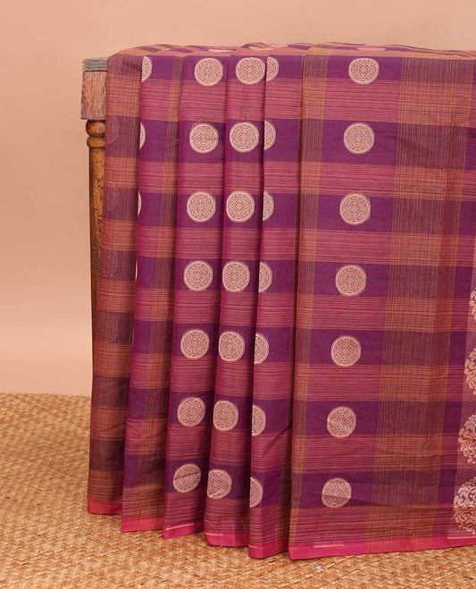 Borderless pink checked and chakram buttas Coimbatore cotton saree, pallu steeped with circular motifs