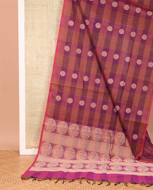 Borderless pink checked and chakram buttas Coimbatore cotton saree, pallu steeped with circular motifs