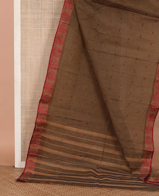 Brown Bengal Cotton Saree, Woven with Thread Buttas on Its Body, Complemented by a Contrast Floral Design Border, and Pallu Steeped with Stripes