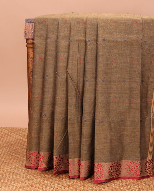 Brown Bengal Cotton Saree, Woven with Thread Buttas on Its Body, Complemented by a Contrast Floral Design Border, and Pallu Steeped with Stripes