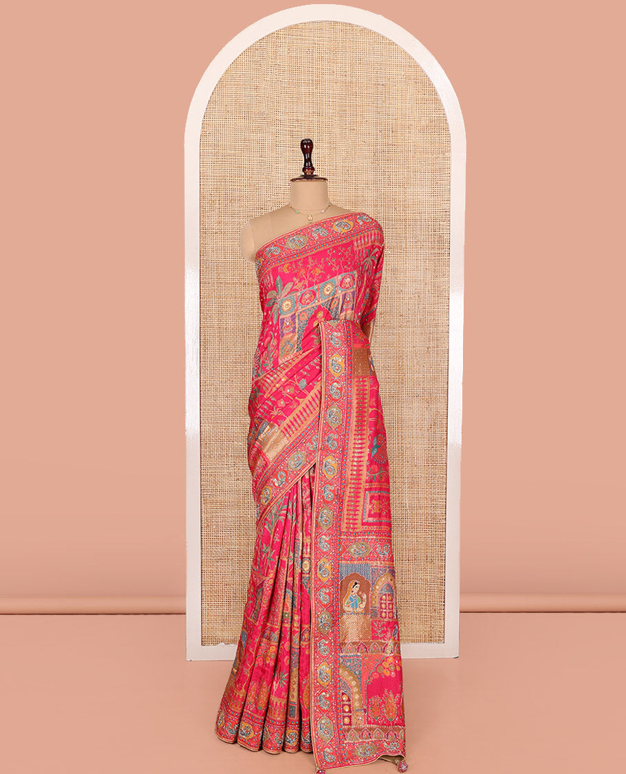 Pink Dola Silk Saree, Boldly Accentuated with Floral and Mughal-Style Print on Its Body, Highlighted by a Peacock Border, Pallu Depicts Mughal-Style Printed Outline Embroidery, and Paired with a Matching Blouse