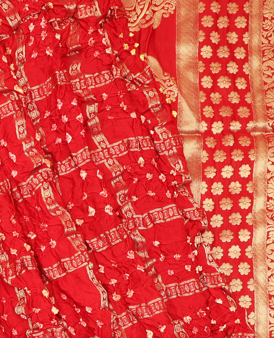 Borderless Red Bandhani Dola Silk Saree