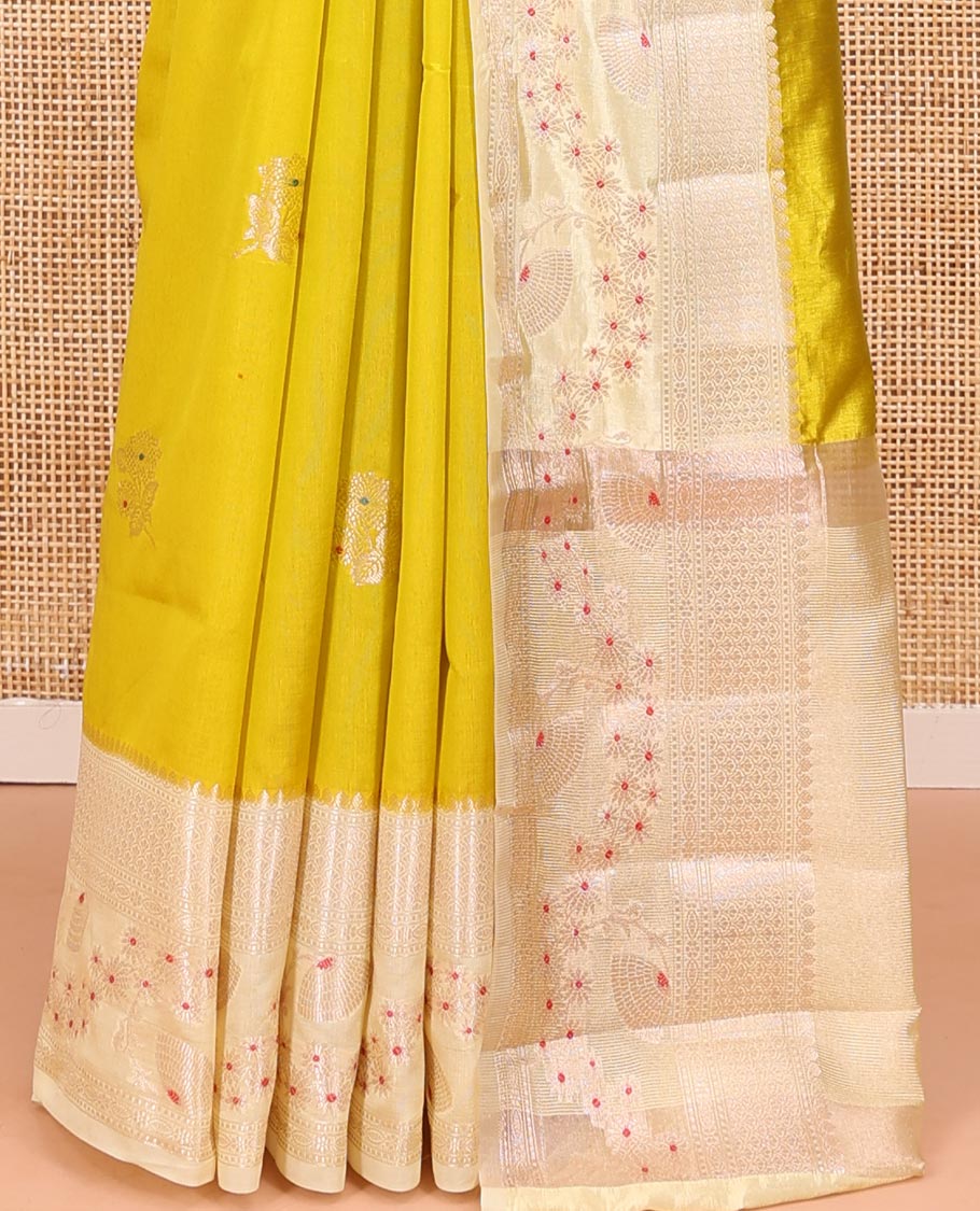 Mustard Green-Mango-Silk Saree, Embellished with Floral Zari Buttas All Over Its Body, Complemented by a Contrast Meenakari Zari Traditional Border of Floral Designs, Grand Pallu, and Paired with a Contrast Blouse