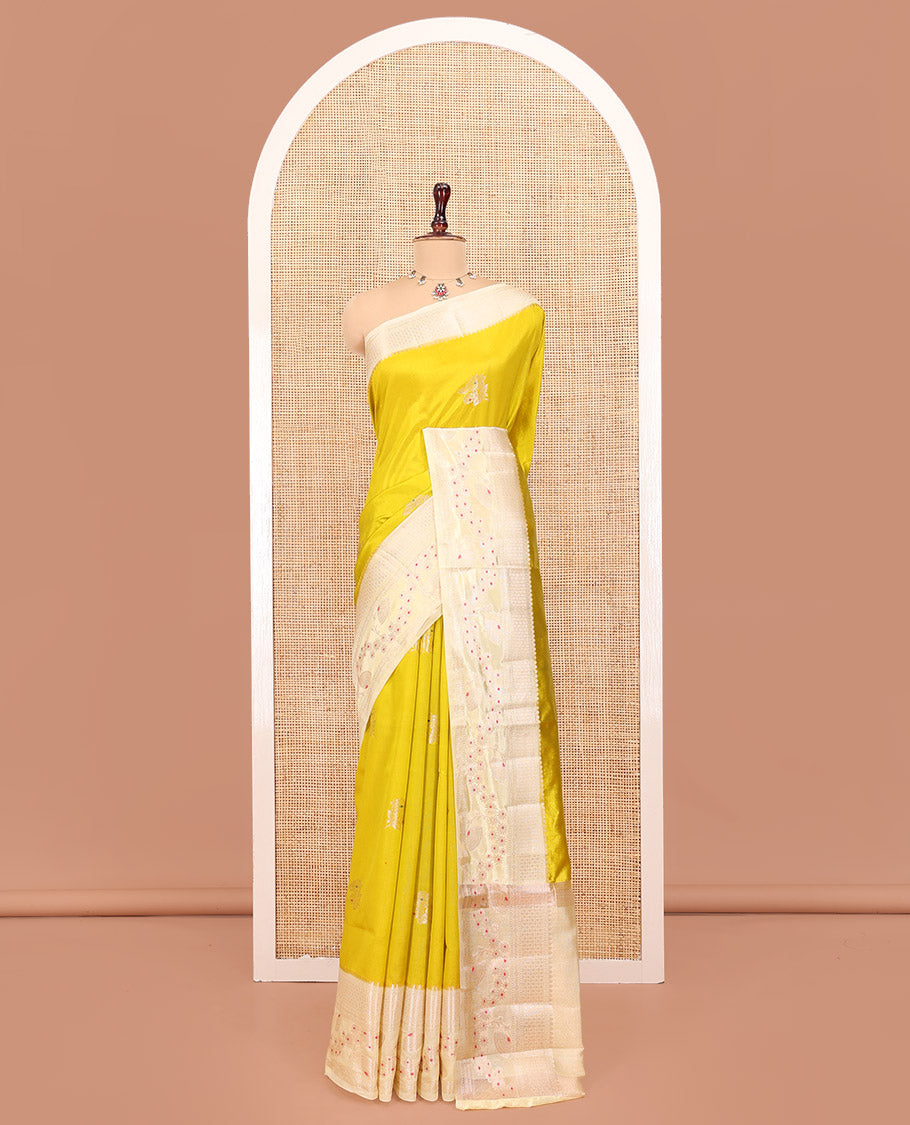 Mustard Green-Mango-Silk Saree, Embellished with Floral Zari Buttas All Over Its Body, Complemented by a Contrast Meenakari Zari Traditional Border of Floral Designs, Grand Pallu, and Paired with a Contrast Blouse