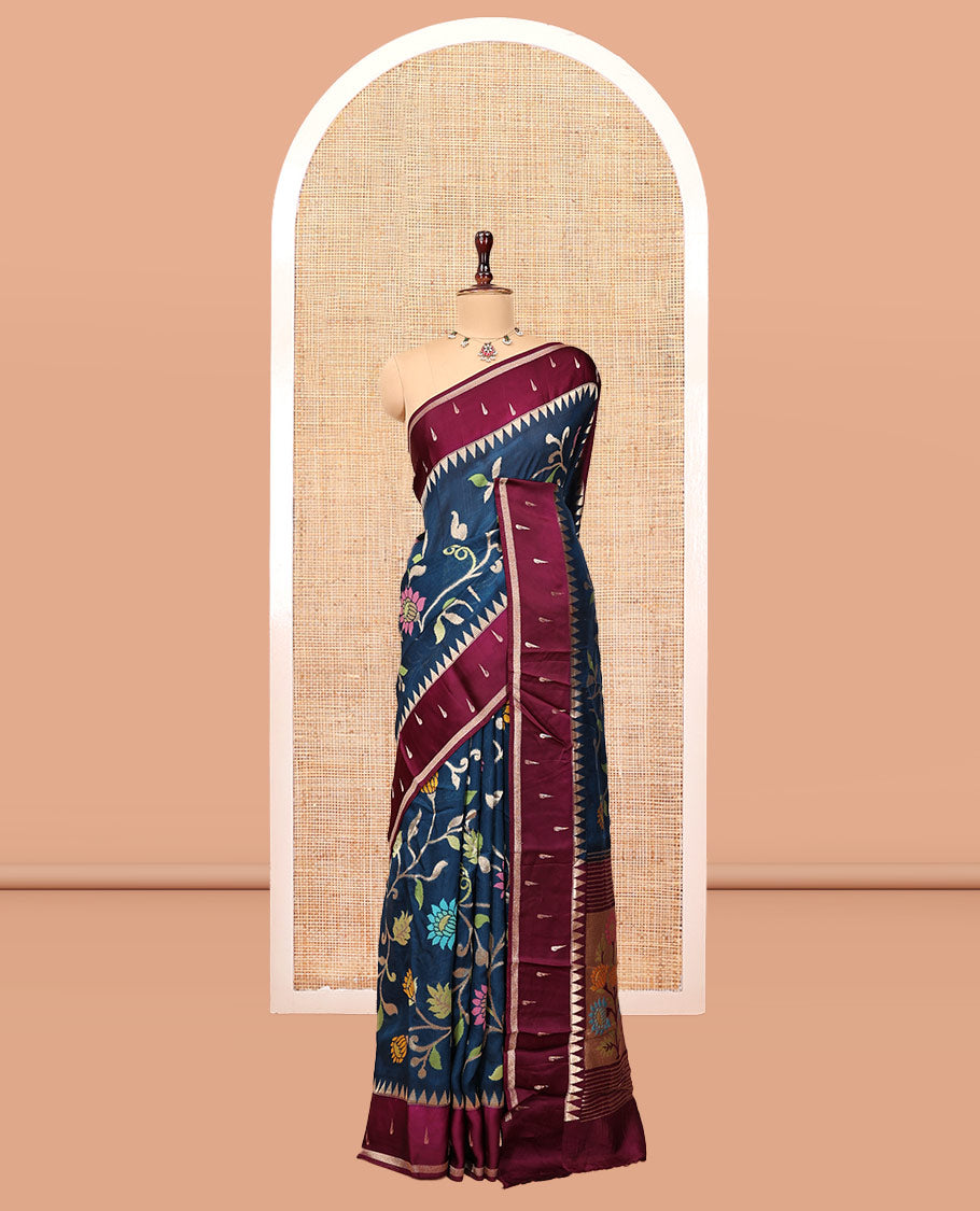 Navy Paithani Floral Organza Saree, Contrast Temple Border, Contrast Blouse