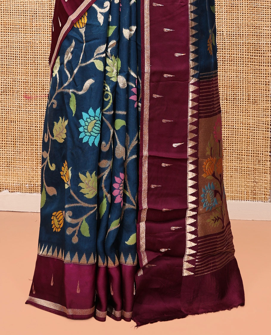 Navy Paithani Floral Organza Saree, Contrast Temple Border, Contrast Blouse