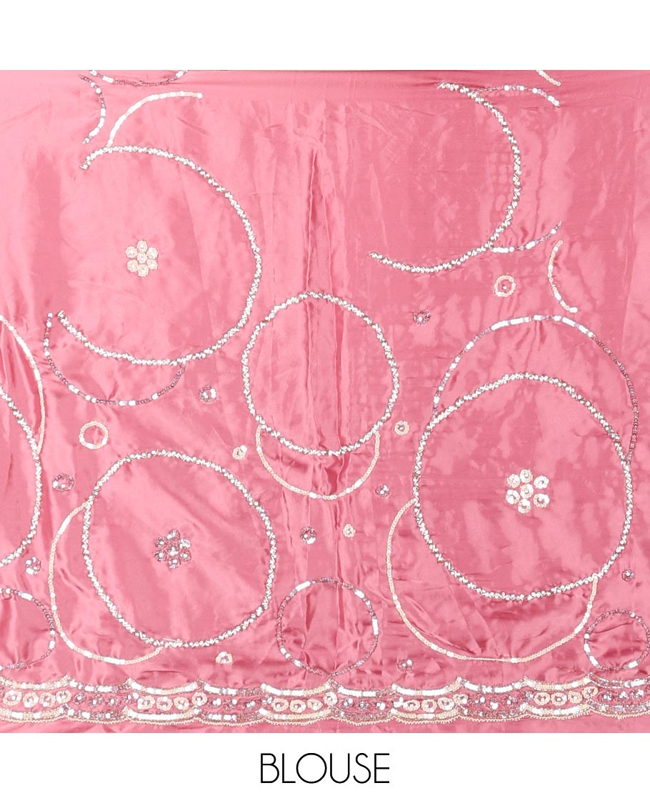 Pink embroidered designer saree features circular-shaped motifs woven in stones & sequins, scallop embroidered border