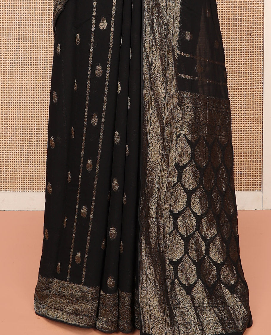 Black Georgette Saree, Enriched with Buttas and Stripes, Highlighted by a Traditional Border, Pallu of Intricate Designs, and a Matching Blouse